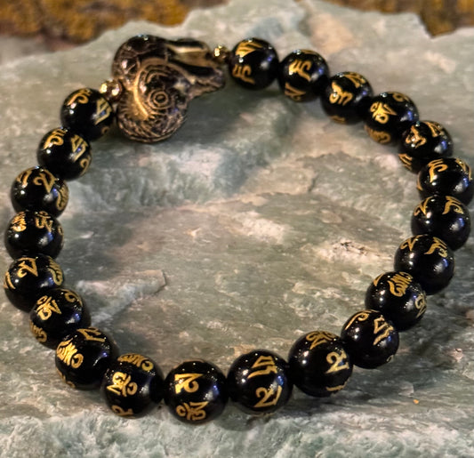 Om Mani Padme Hum black obsidian bracelet with elephant spacer