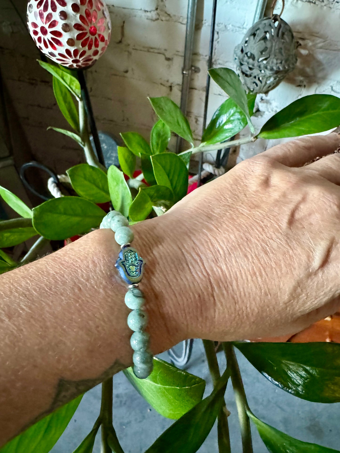 Burmese Jade & Czech Glass Hamsa Protection Bracelet