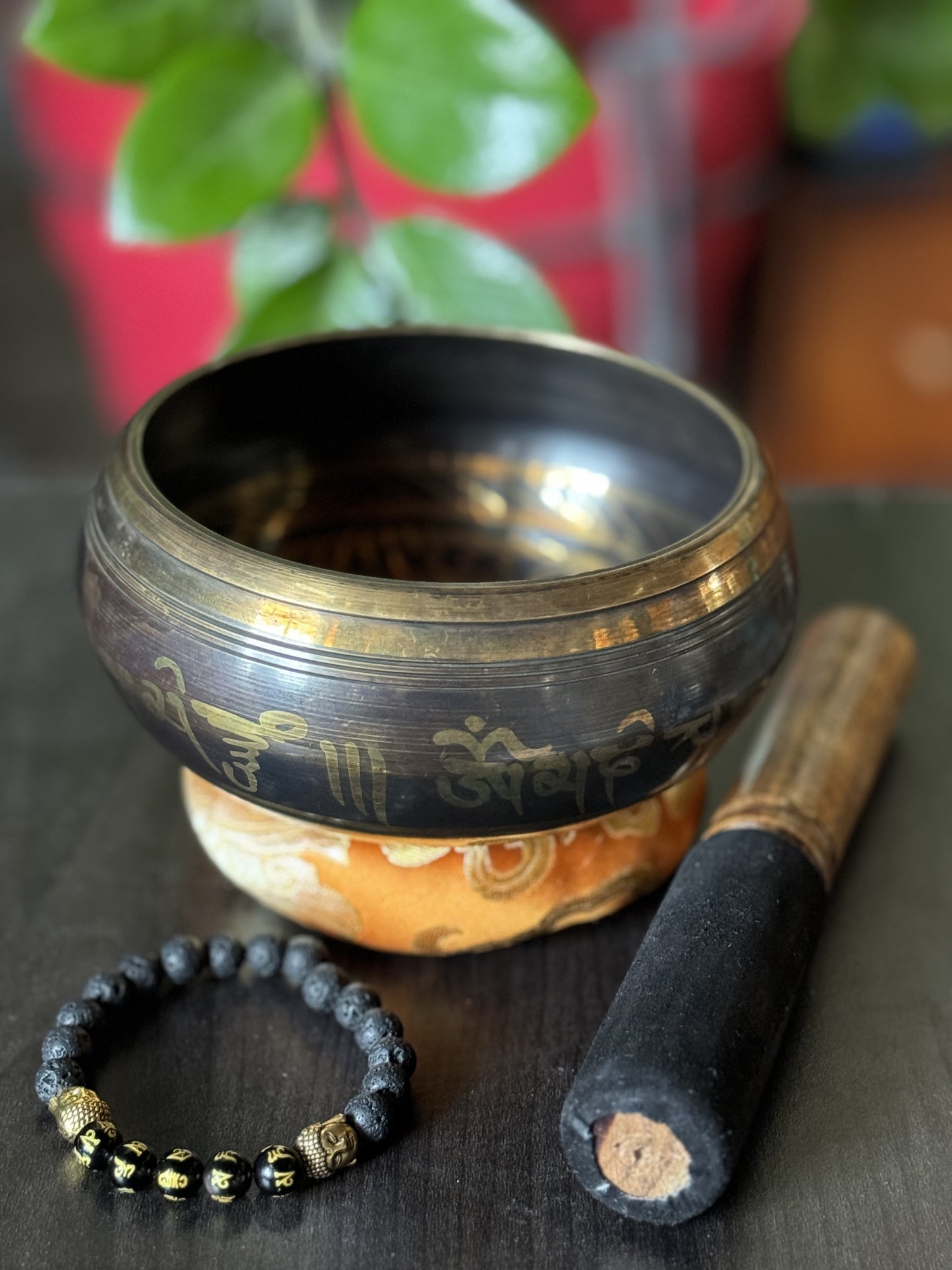 Tibetan singing bowl with engraved OM symbol and FREE black obsidian “om mani padme hum” bracelet