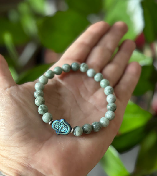 Burmese Jade & Czech Glass Hamsa Protection Bracelet